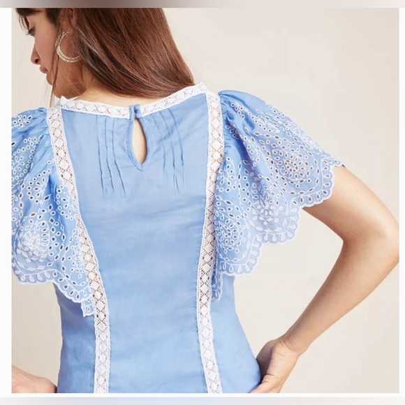 Anthropologie Light Blue Eyelet Lace-Trim Flutter Sleeve Top - Picture 3 of 16